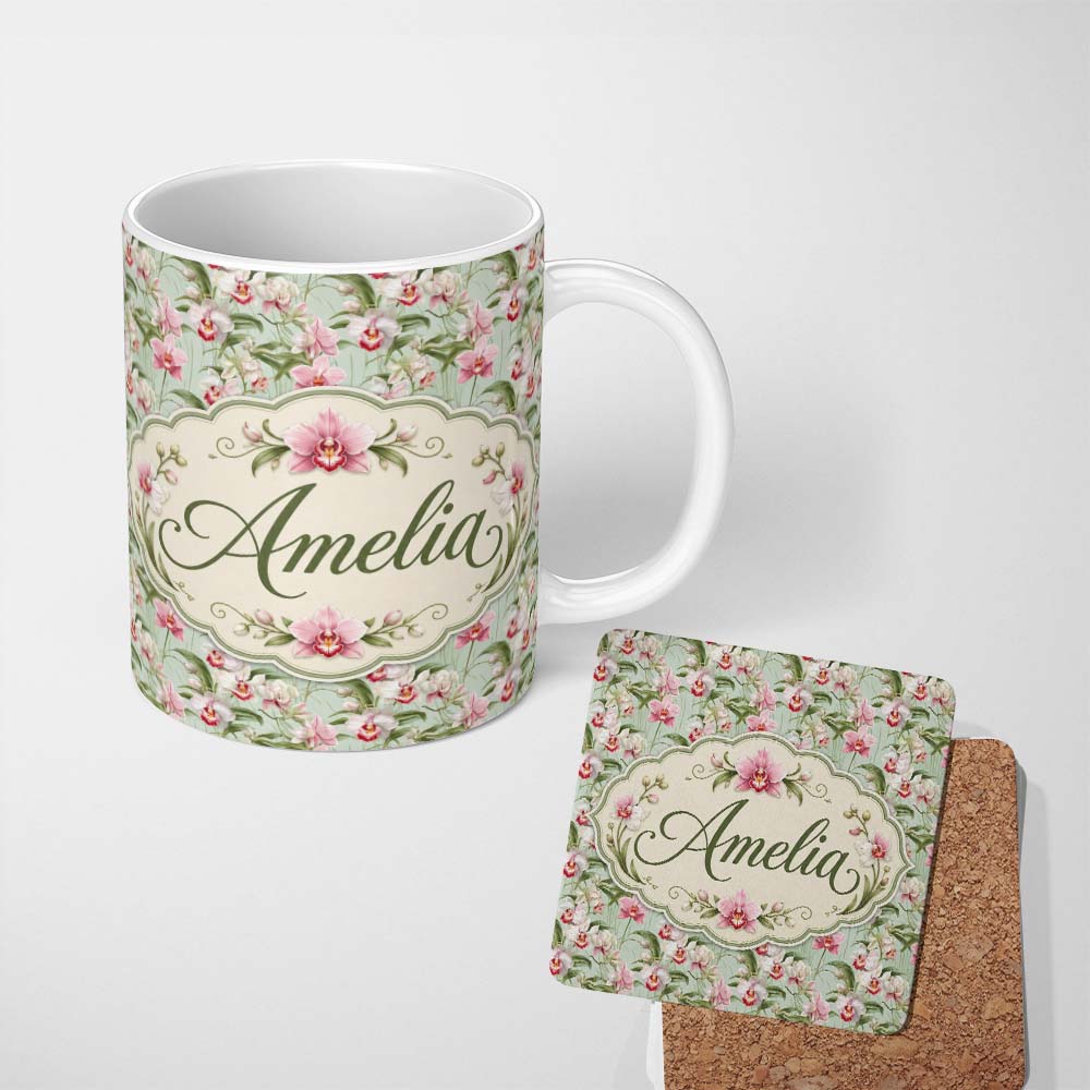 Personalized Custom Name Soft Pink Orchid Garden Botanical Seamless Pattern Name Cute Unique 11oz Ceramic Coffee Tea Mug White Large Handle