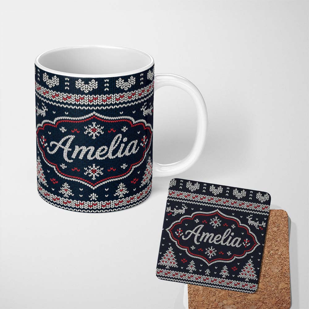 Personalized Custom Name Blue Nordic Snowflake Knitted Pattern Seamless Winter Lovely 11oz Ceramic Coffee Tea Mug White Large Handle