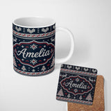 Personalized Custom Name Blue Nordic Snowflake Knitted Pattern Seamless Winter Lovely 11oz Ceramic Coffee Tea Mug White Large Handle