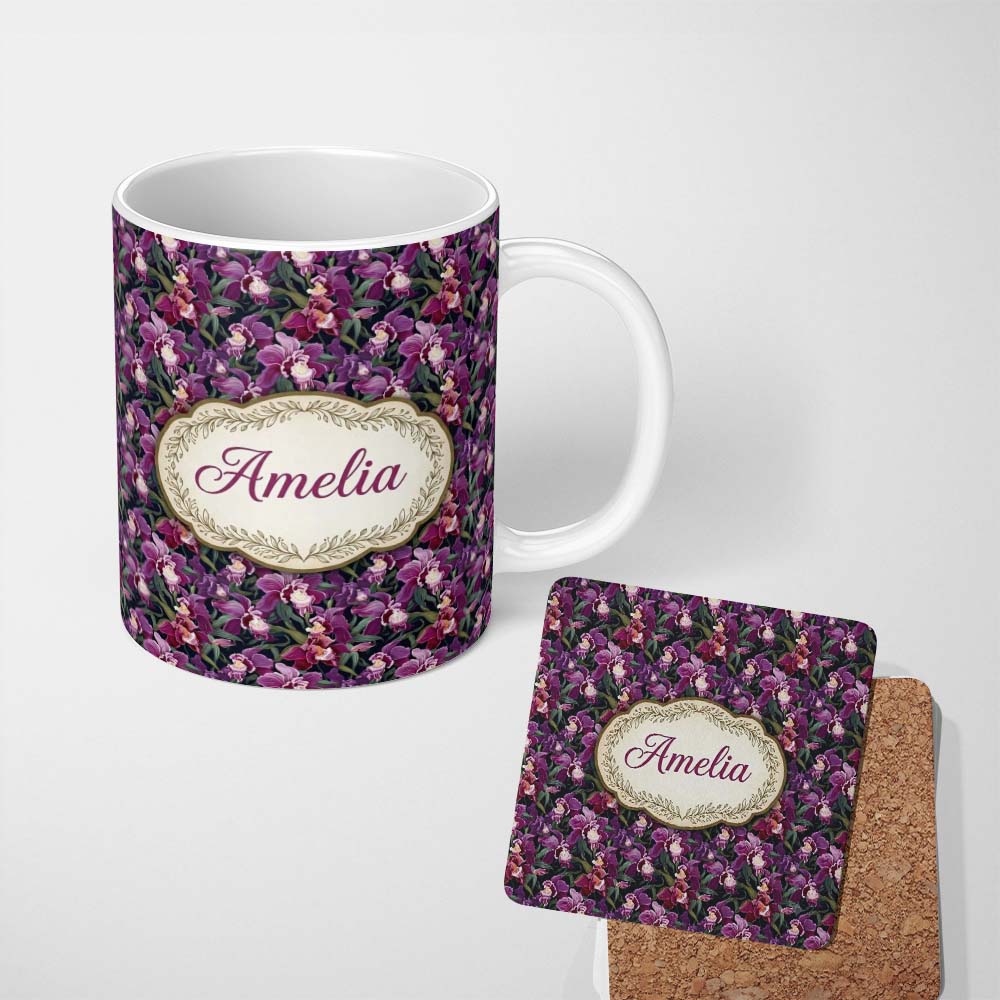 Personalized Custom Name Deep Purple Orchid Floral Dark Background Seamless Pattern Name Cute 11oz Ceramic Coffee Tea Mug White Large Handle