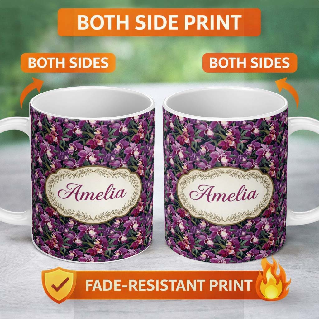 Personalized Custom Name Deep Purple Orchid Floral Dark Background Seamless Pattern Name Cute 11oz Ceramic Coffee Tea Mug White Large Handle