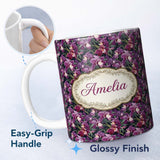 Personalized Custom Name Deep Purple Orchid Floral Dark Background Seamless Pattern Name Cute 11oz Ceramic Coffee Tea Mug White Large Handle