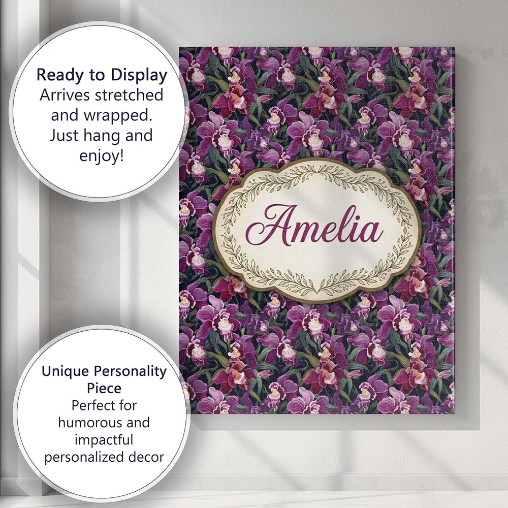 Personalised Name Deep Purple Orchid Floral Custom  Bespoke Interior Contemporary Canvas Wall Art Print Decor Picture Ready to Hang