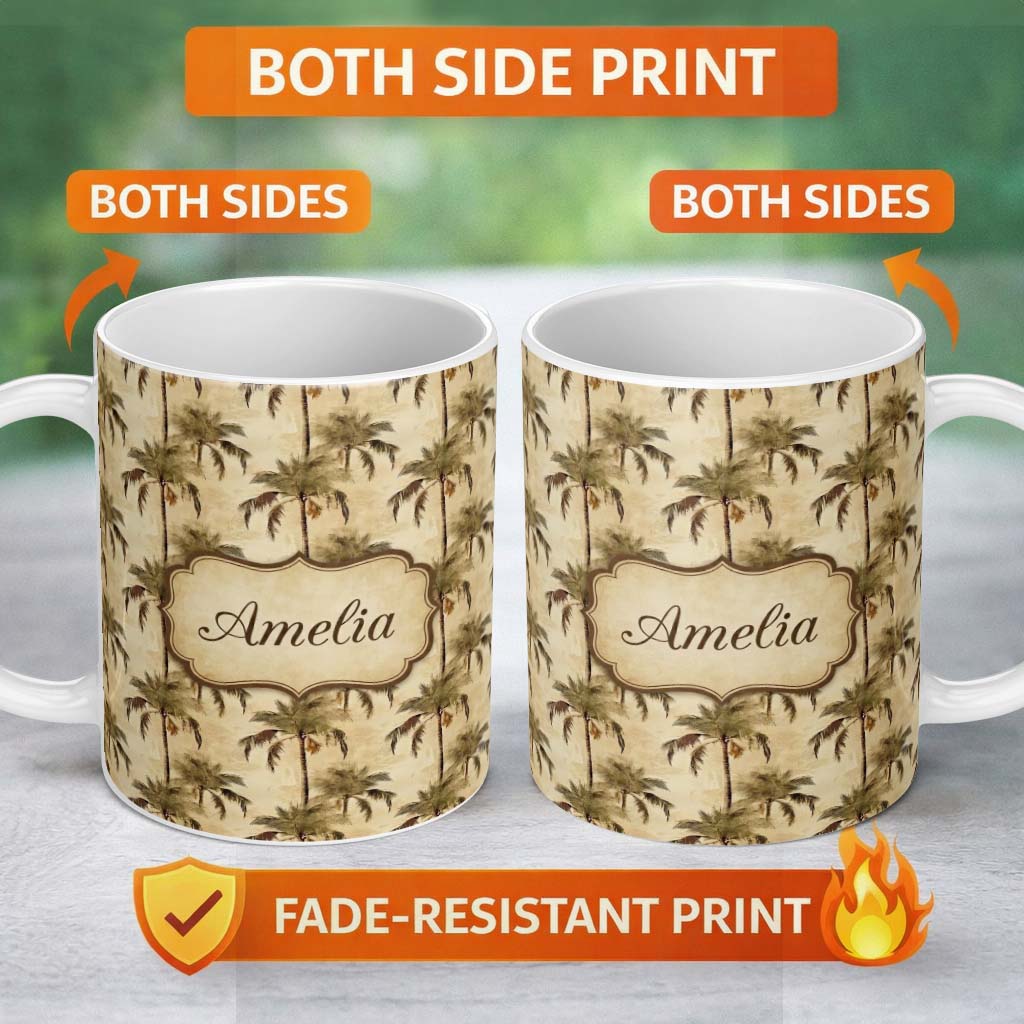 Personalized Custom Name Tropical Palm Tree Vintage Beige Seamless Pattern Name Cute Unique 11oz Ceramic Coffee Tea Mug White Large Handle