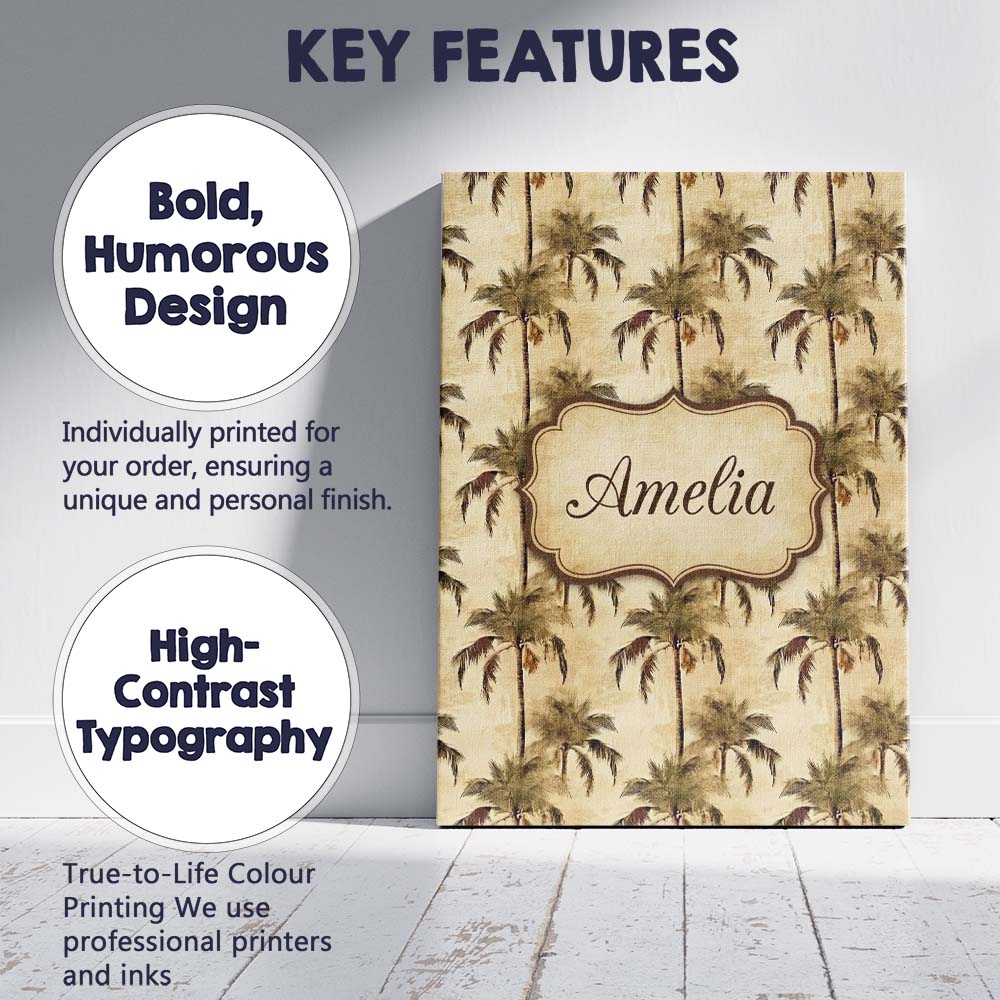 Personalised Name Tropical Palm Tree Custom Premium Decorative Design Modern Room Accent Canvas Wall Art Print Decor Picture Ready to Hang