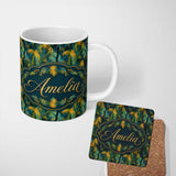 Personalized Custom Name Textured Tropical Palm Leaves Artistic Seamless Pattern Name Cute 11oz Ceramic Coffee Tea Mug White Large Handle