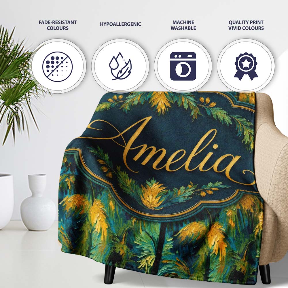 Textured Tropical Palm Leaves Artistic Seamless Pattern Name Cute  Personalised Custom Name Super Soft Fleece Blanket Bed Sofa Throw