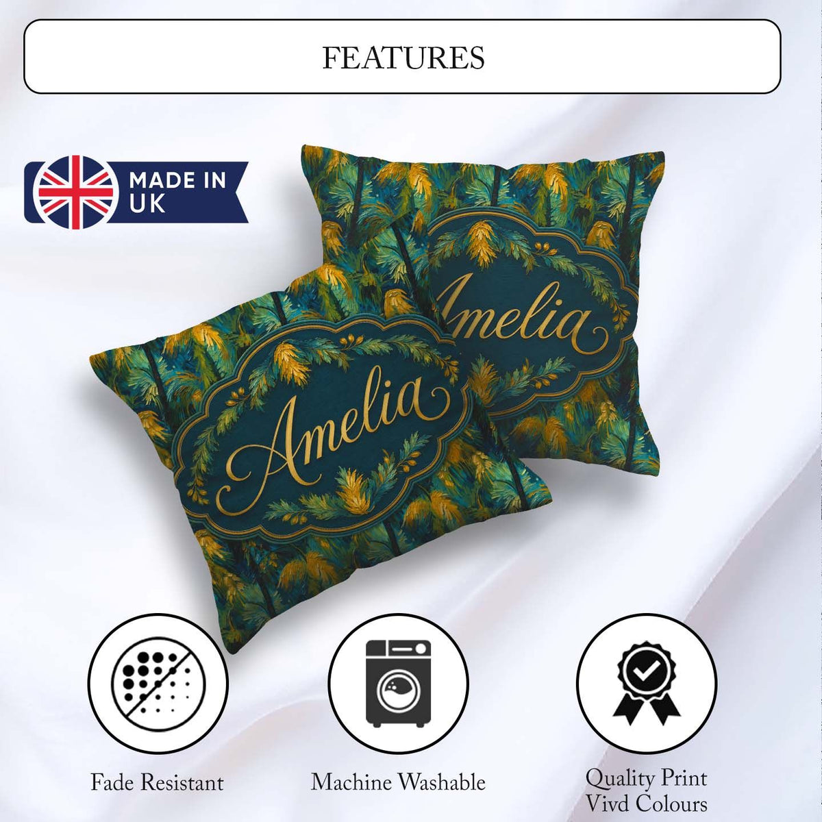 Custom Name Textured Tropical Palm Leaves Artistic Seamless Name Square Filled Cushion Throw Pillow Sofa Bed Home Decor Zip Washable UK Made