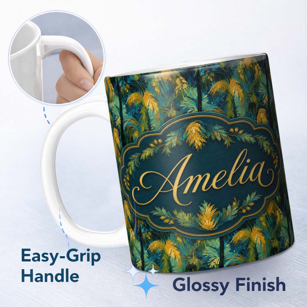 Personalized Custom Name Textured Tropical Palm Leaves Artistic Seamless Pattern Name Cute 11oz Ceramic Coffee Tea Mug White Large Handle
