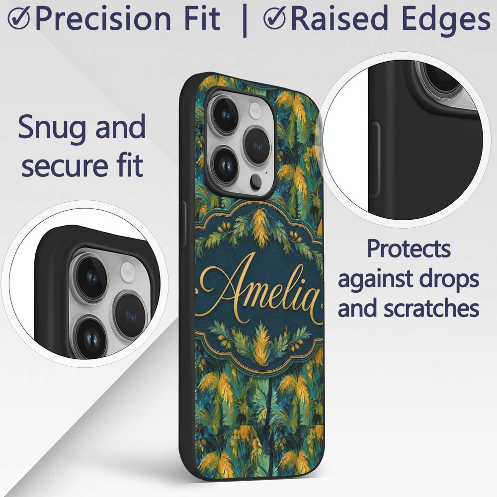 Textured Tropical Palm Leaves Artistic Seamless Custom Name Protective Phone Case Mobile Cover Durable Everyday Smartphone Shock Resistant