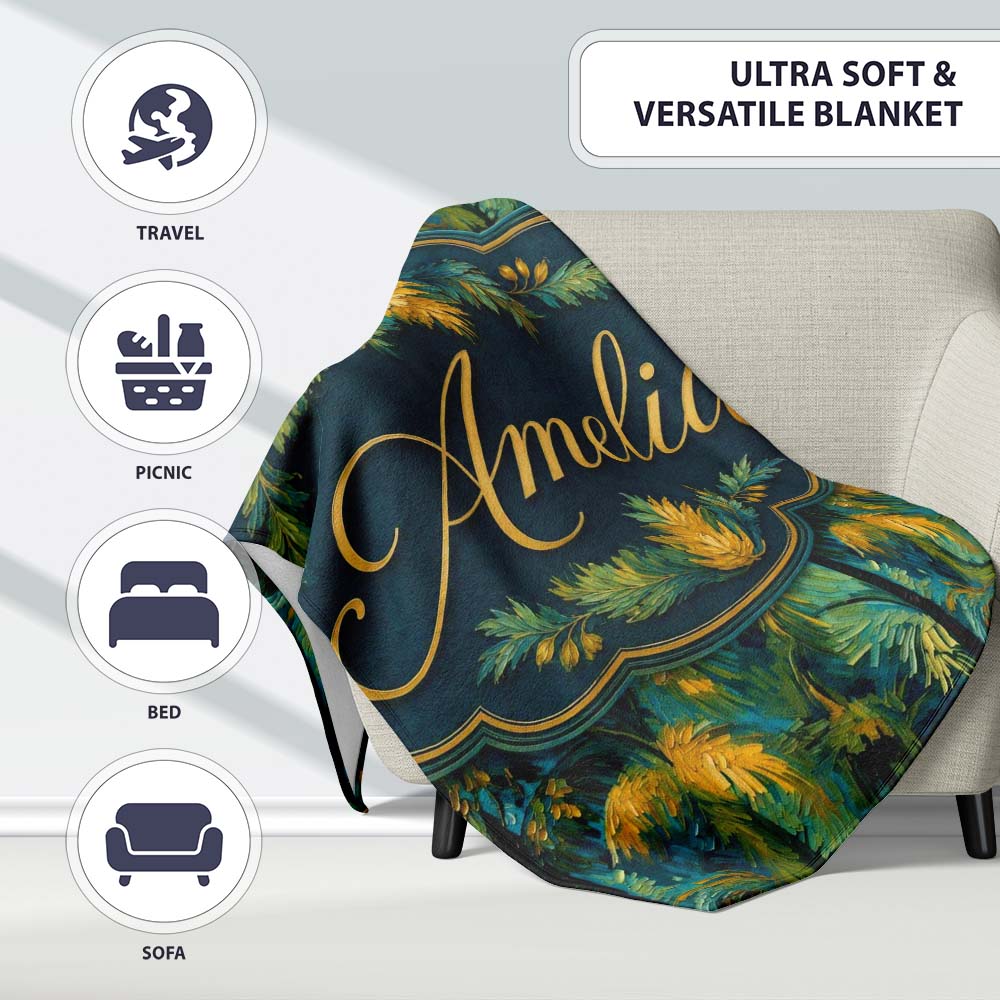 Textured Tropical Palm Leaves Artistic Seamless Pattern Name Cute  Personalised Custom Name Super Soft Fleece Blanket Bed Sofa Throw