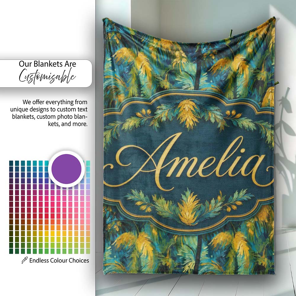 Textured Tropical Palm Leaves Artistic Seamless Pattern Name Cute  Personalised Custom Name Super Soft Fleece Blanket Bed Sofa Throw