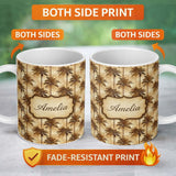 Personalized Custom Name Classic Brown Palm Tree Vintage Coastal Seamless Pattern Name Cute 11oz Ceramic Coffee Tea Mug White Large Handle