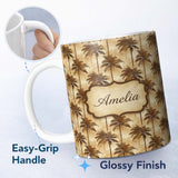 Personalized Custom Name Classic Brown Palm Tree Vintage Coastal Seamless Pattern Name Cute 11oz Ceramic Coffee Tea Mug White Large Handle