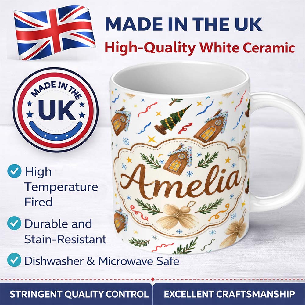 Personalized Custom Name Watercolor Rustic Christmas House Tree Angel Ornament Seamless 11oz Ceramic Coffee Tea Mug White Large Handle