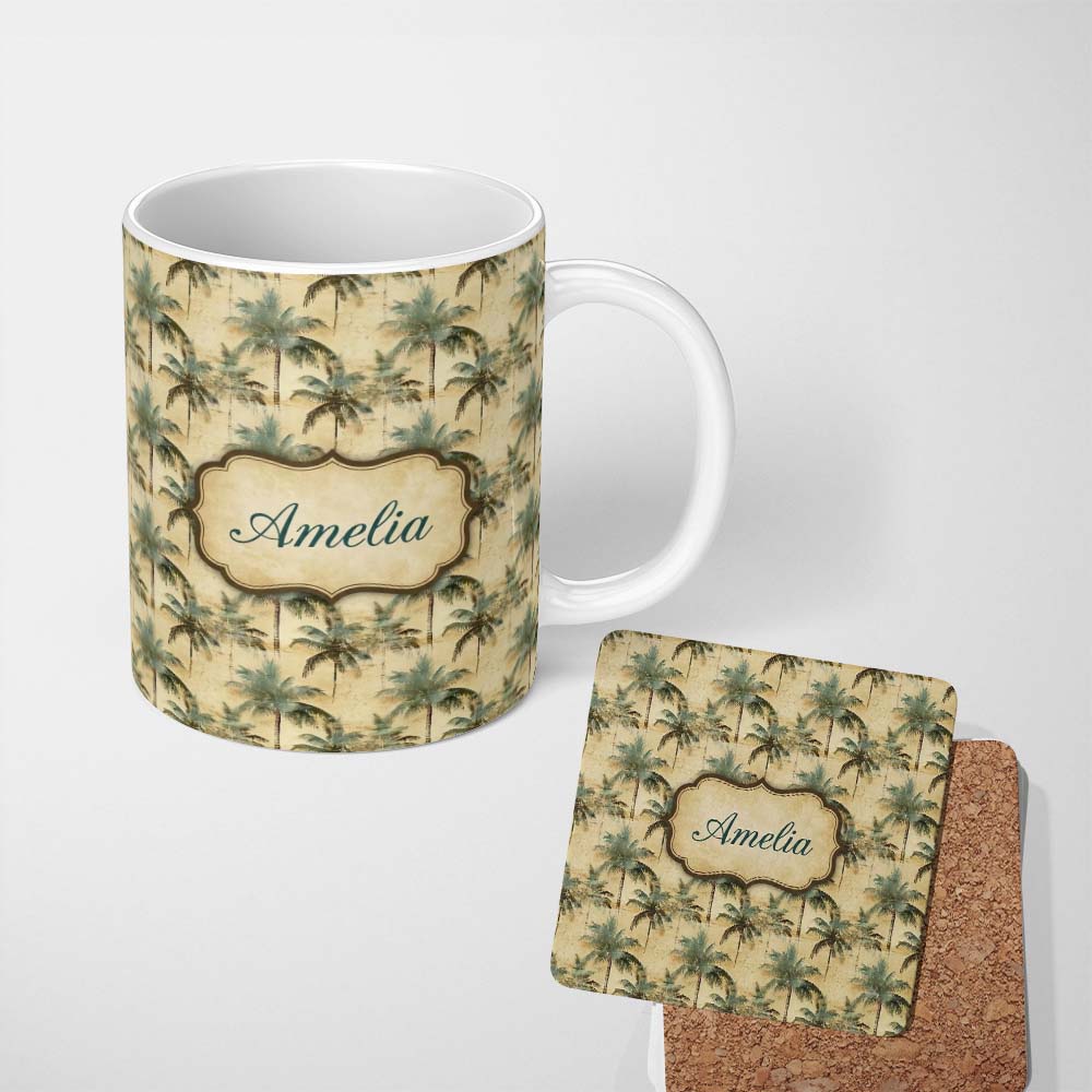 Personalized Custom Name Soft Green Tropical Palm Tree Vintage Seamless Pattern Name Cute 11oz Ceramic Coffee Tea Mug White Large Handle