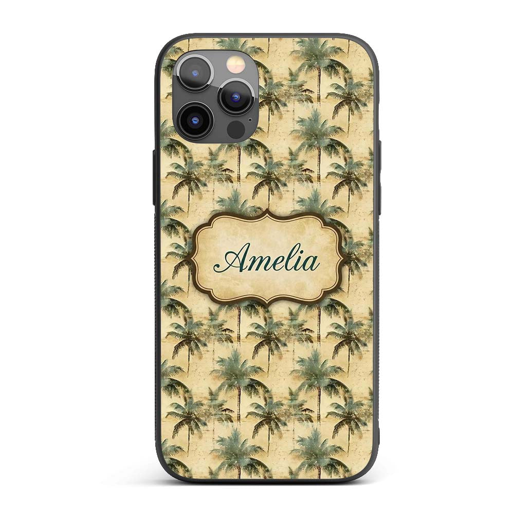 Soft Green Tropical Palm Tree Vintage Seamless Custom Name Protective Phone Case Mobile Cover Durable Everyday Smartphone Shock Resistant
