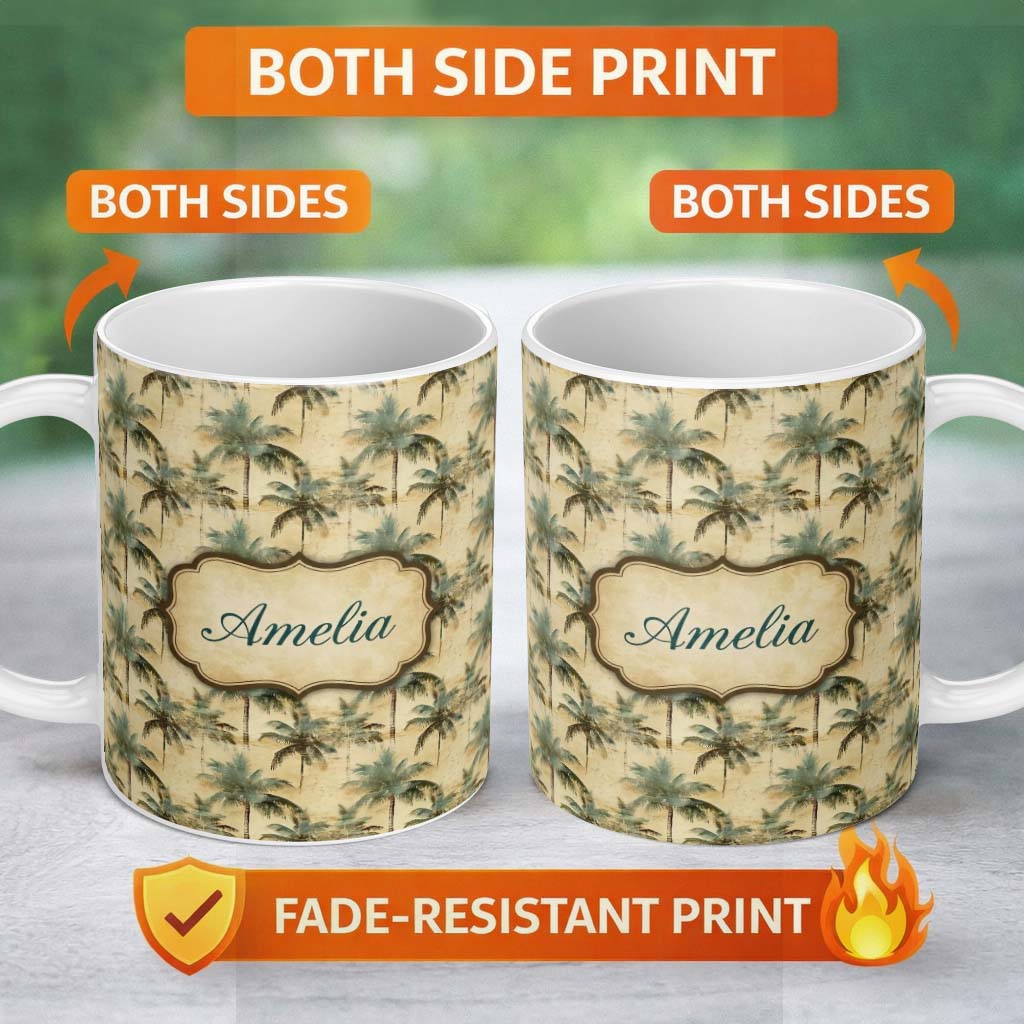 Personalized Custom Name Soft Green Tropical Palm Tree Vintage Seamless Pattern Name Cute 11oz Ceramic Coffee Tea Mug White Large Handle