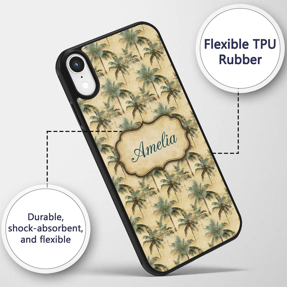 Soft Green Tropical Palm Tree Vintage Seamless Custom Name Protective Phone Case Mobile Cover Durable Everyday Smartphone Shock Resistant