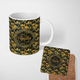 Personalized Custom Name Golden Tropical Palm Leaves Bold Artistic Seamless Pattern Name Cute 11oz Ceramic Coffee Tea Mug White Large Handle