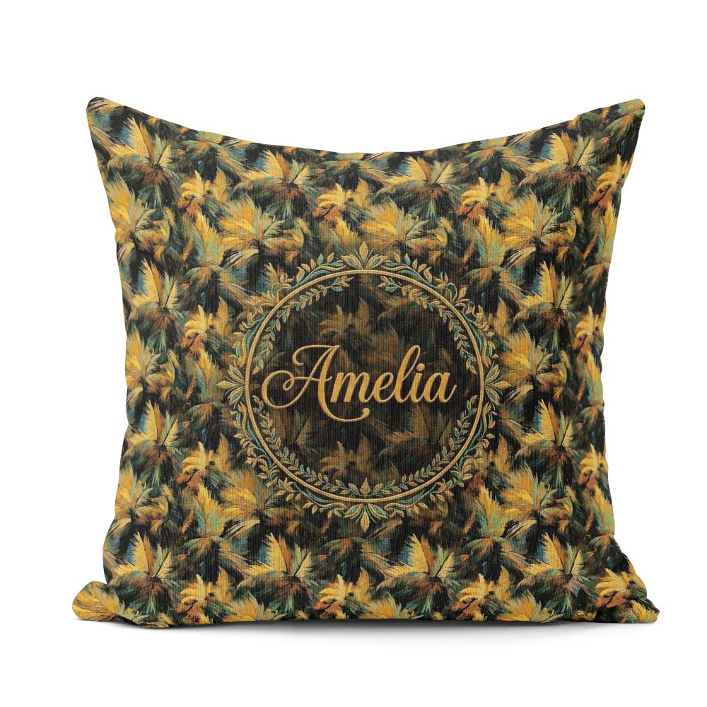 Custom Name Golden Tropical Palm Bold Artistic Pattern Name Cute Square Filled Cushion Throw Pillow Sofa Bed Home Decor Zip Washable UK Made