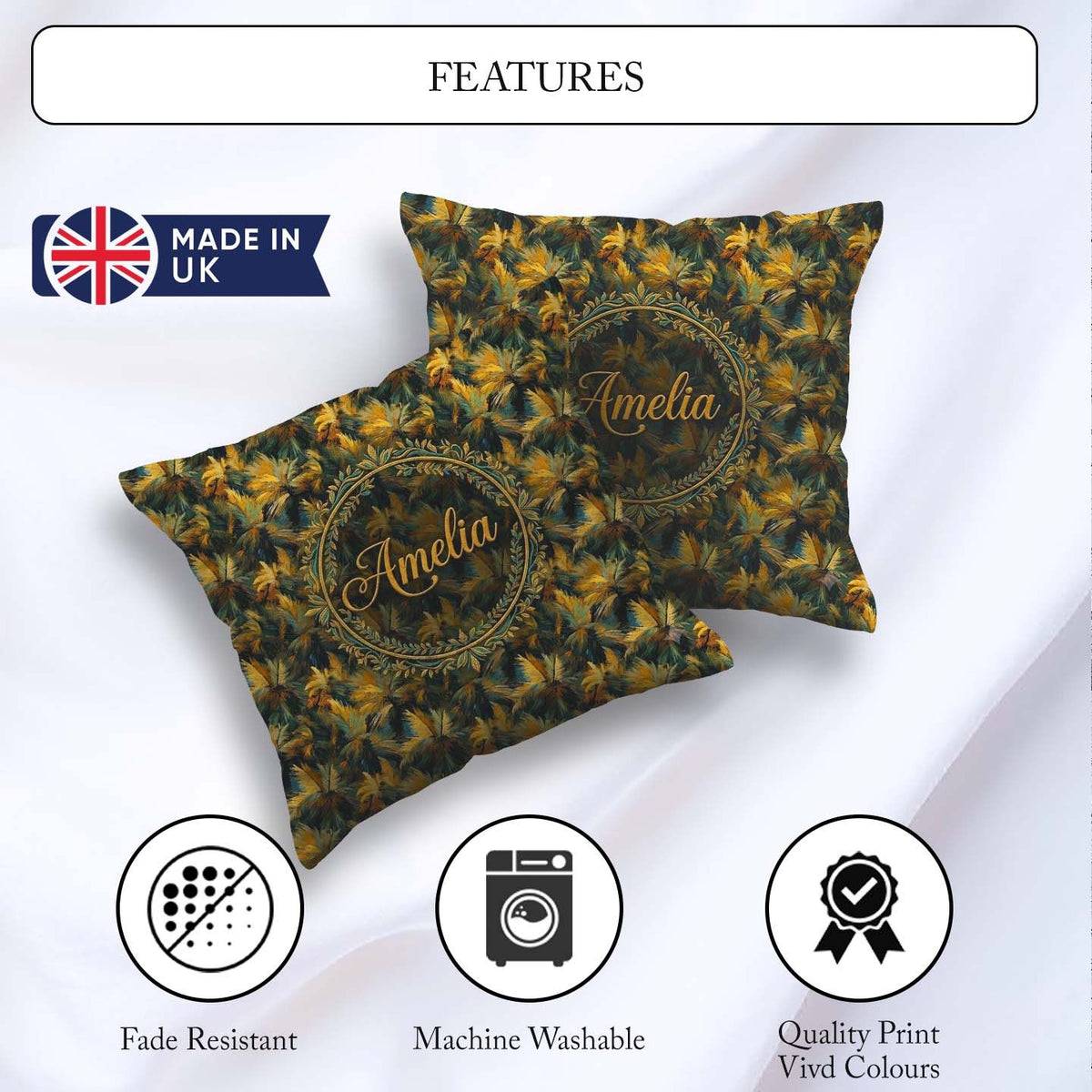 Custom Name Golden Tropical Palm Bold Artistic Pattern Name Cute Square Filled Cushion Throw Pillow Sofa Bed Home Decor Zip Washable UK Made