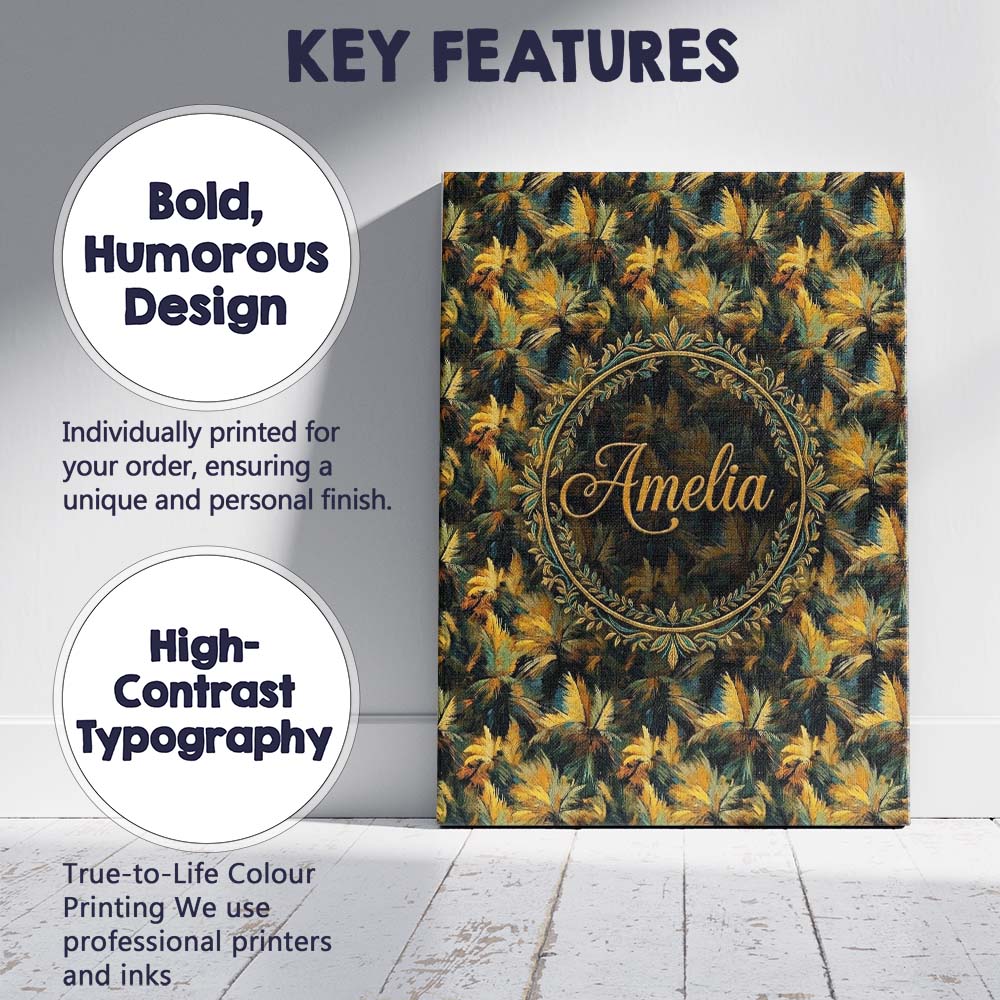 Personalised Name Golden Tropical Palm Custom  Modern Room Accent Elegant Feature Canvas Wall Art Print Decor Picture Ready to Hang