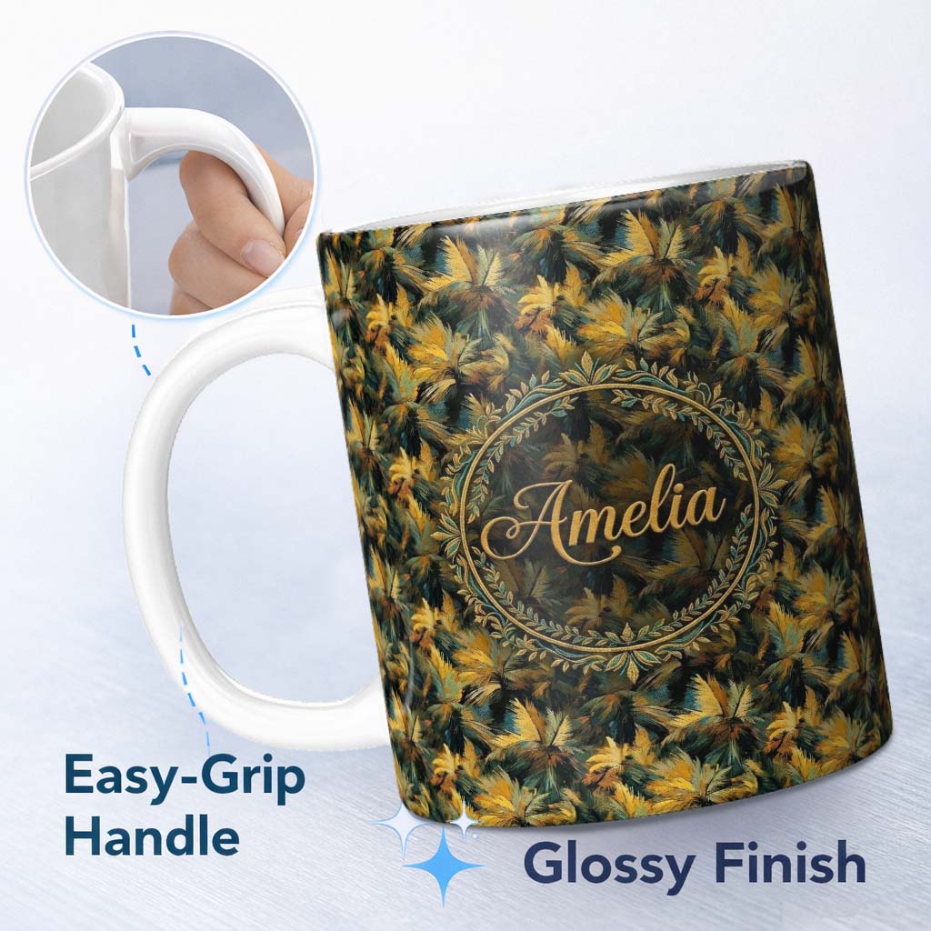 Personalized Custom Name Golden Tropical Palm Leaves Bold Artistic Seamless Pattern Name Cute 11oz Ceramic Coffee Tea Mug White Large Handle