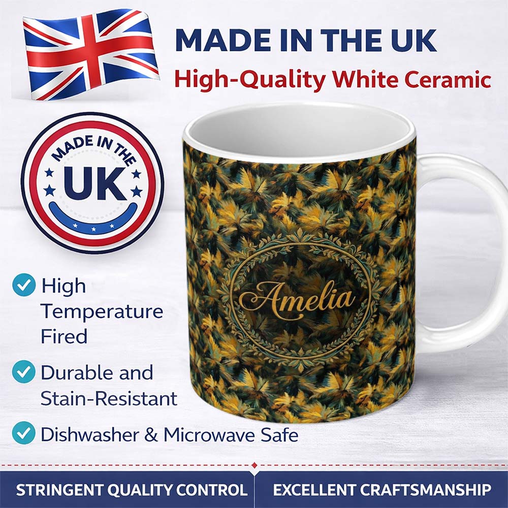 Personalized Custom Name Golden Tropical Palm Leaves Bold Artistic Seamless Pattern Name Cute 11oz Ceramic Coffee Tea Mug White Large Handle