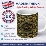 Personalized Custom Name Golden Tropical Palm Leaves Bold Artistic Seamless Pattern Name Cute 11oz Ceramic Coffee Tea Mug White Large Handle