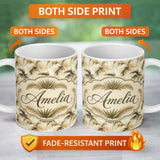 Personalized Custom Name Vintage Beige Palm Leaves Tropical Seamless Pattern Name Cute 11oz Ceramic Coffee Tea Mug White Large Handle