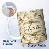 Personalized Custom Name Vintage Beige Palm Leaves Tropical Seamless Pattern Name Cute 11oz Ceramic Coffee Tea Mug White Large Handle