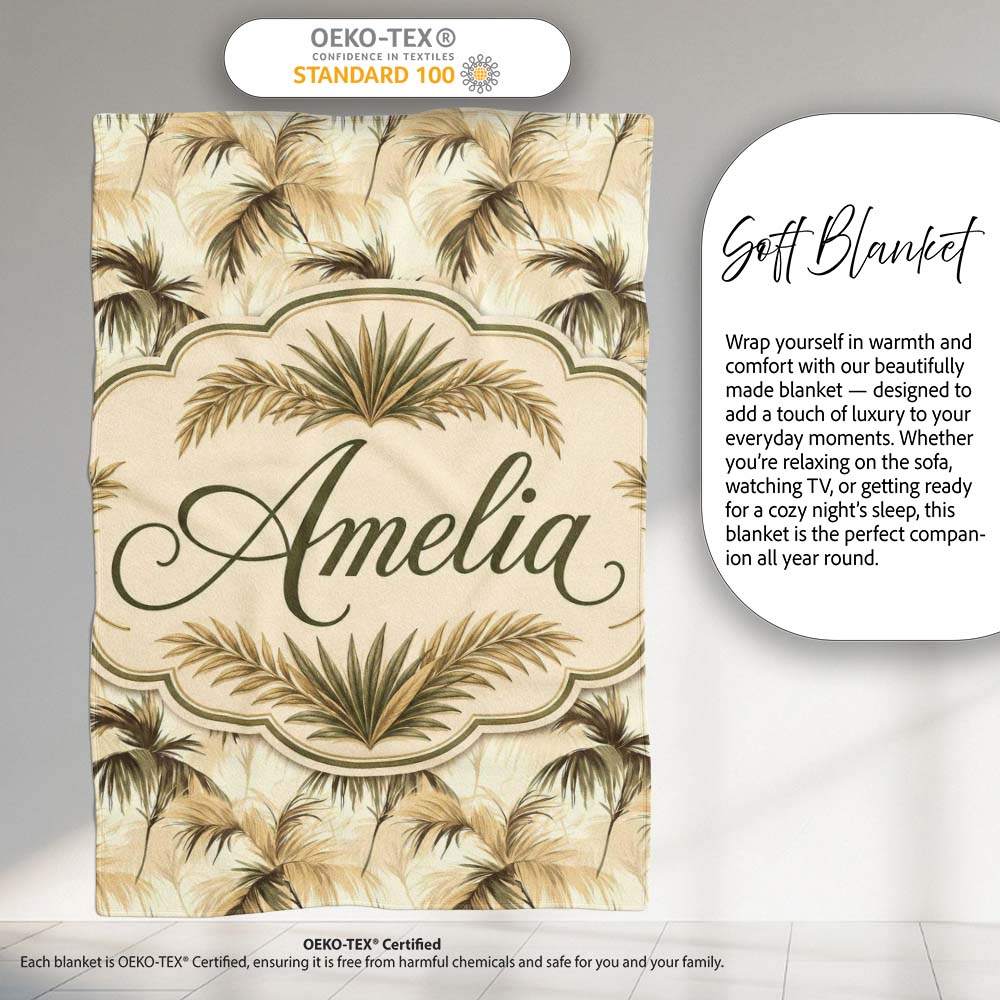 Vintage Beige Palm Leaves Tropical Seamless Pattern Name Cute  Personalised Custom Name Super Soft Fleece Blanket Bed Sofa Throw