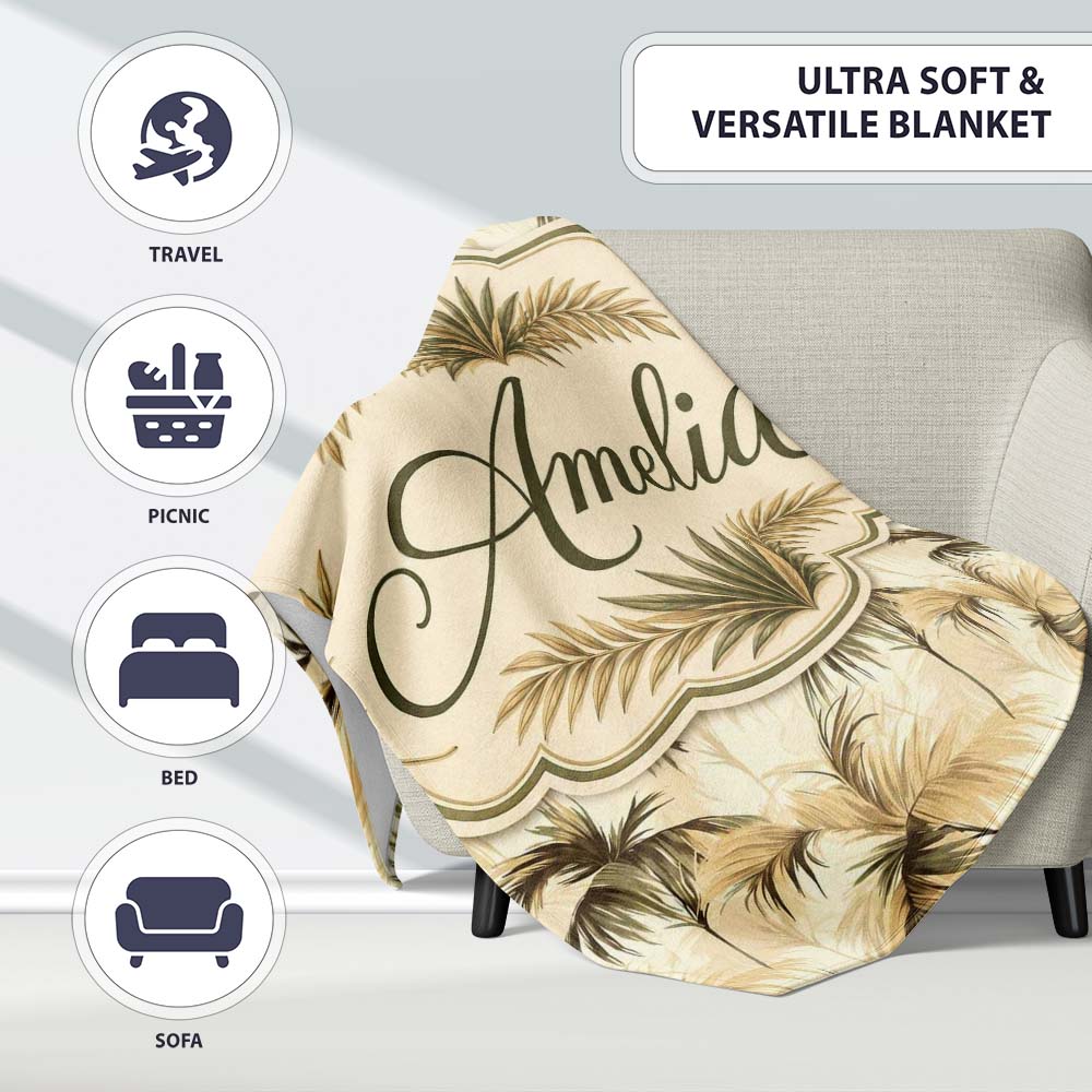 Vintage Beige Palm Leaves Tropical Seamless Pattern Name Cute  Personalised Custom Name Super Soft Fleece Blanket Bed Sofa Throw