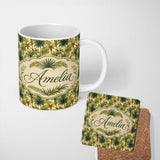 Personalized Custom Name Lush Green Tropical Palm Jungle Seamless Pattern Name Cute Unique 11oz Ceramic Coffee Tea Mug White Large Handle