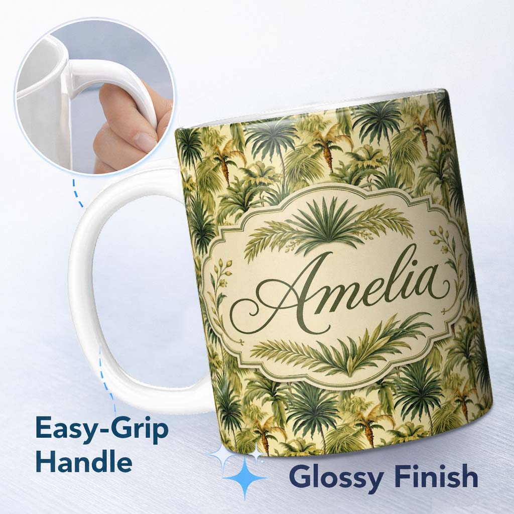 Personalized Custom Name Lush Green Tropical Palm Jungle Seamless Pattern Name Cute Unique 11oz Ceramic Coffee Tea Mug White Large Handle