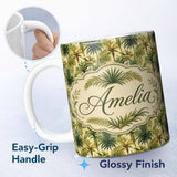 Personalized Custom Name Lush Green Tropical Palm Jungle Seamless Pattern Name Cute Unique 11oz Ceramic Coffee Tea Mug White Large Handle