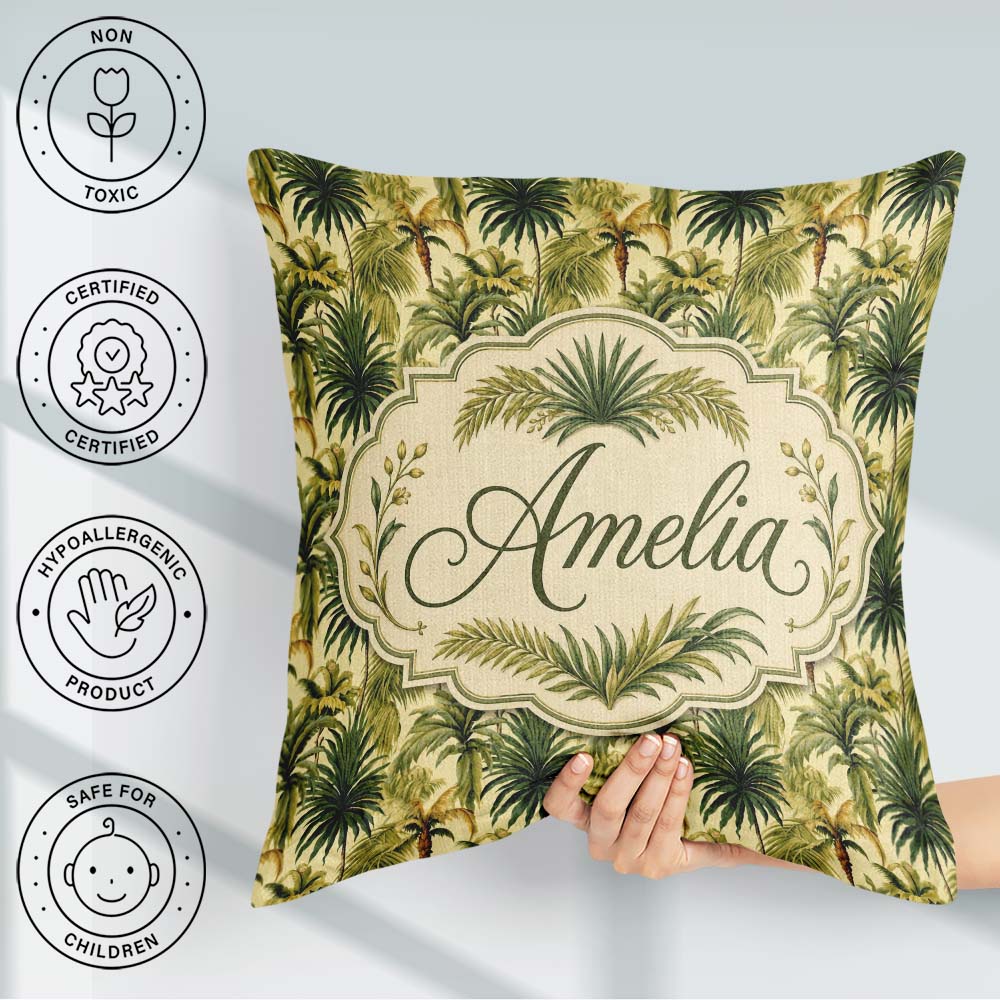 Custom Name Lush Tropical Palm Jungle Seamless Pattern Name Cute Square Filled Cushion Throw Pillow Sofa Bed Home Decor Zip Washable UK Made