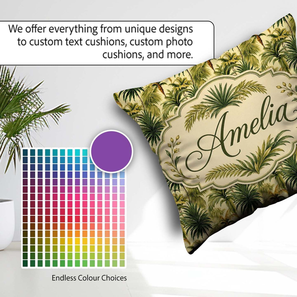 Custom Name Lush Tropical Palm Jungle Seamless Pattern Name Cute Square Filled Cushion Throw Pillow Sofa Bed Home Decor Zip Washable UK Made