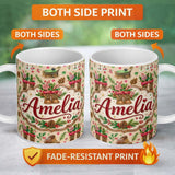 Personalized Custom Name Rustic Christmas Boots Gramophone Pinecone Festive Seamless Pattern 11oz Ceramic Coffee Tea Mug White Large Handle