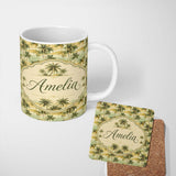 Personalized Custom Name Tropical Island Palm Sunset Coastal Seamless Pattern Name Cute 11oz Ceramic Coffee Tea Mug White Large Handle