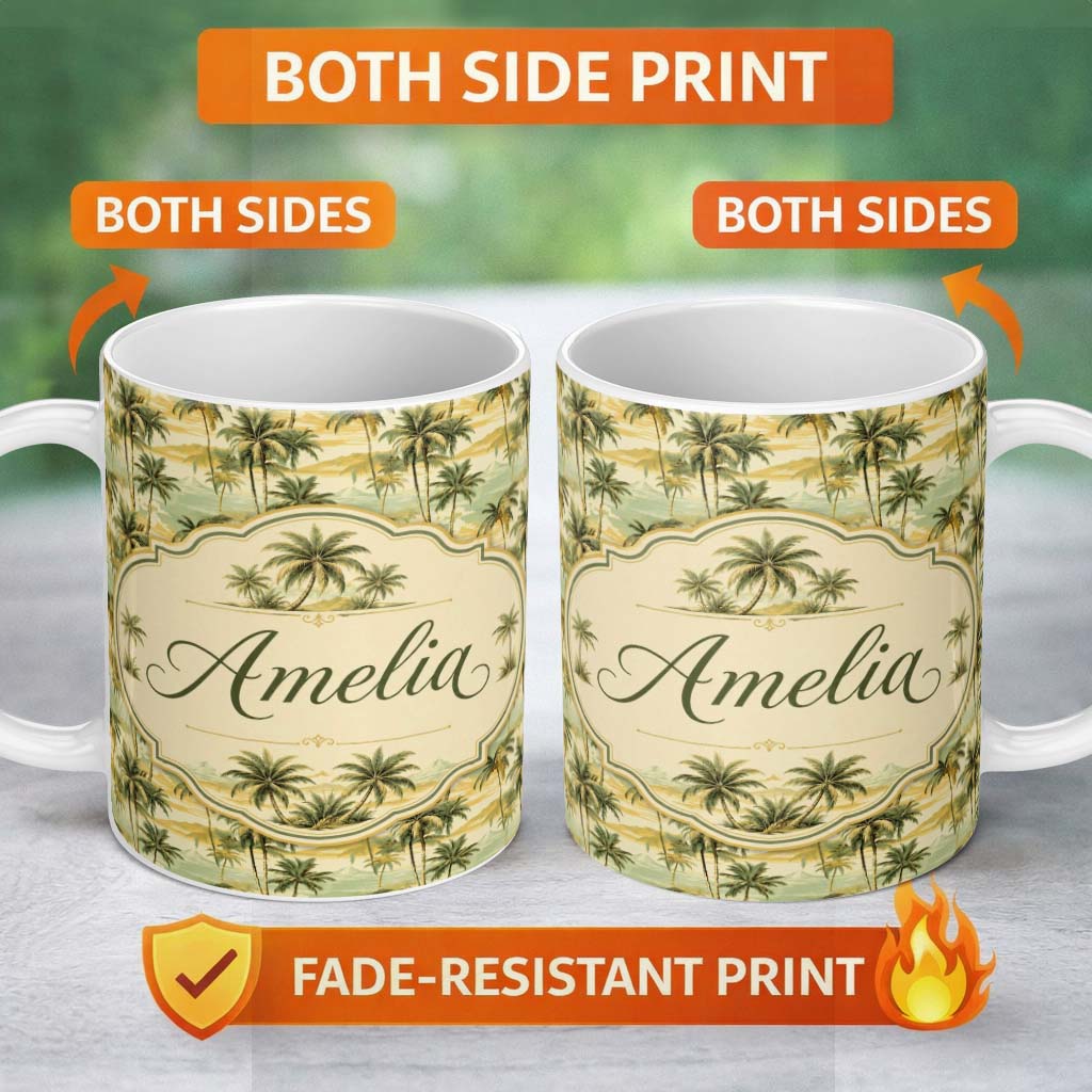 Personalized Custom Name Tropical Island Palm Sunset Coastal Seamless Pattern Name Cute 11oz Ceramic Coffee Tea Mug White Large Handle