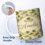 Personalized Custom Name Tropical Island Palm Sunset Coastal Seamless Pattern Name Cute 11oz Ceramic Coffee Tea Mug White Large Handle