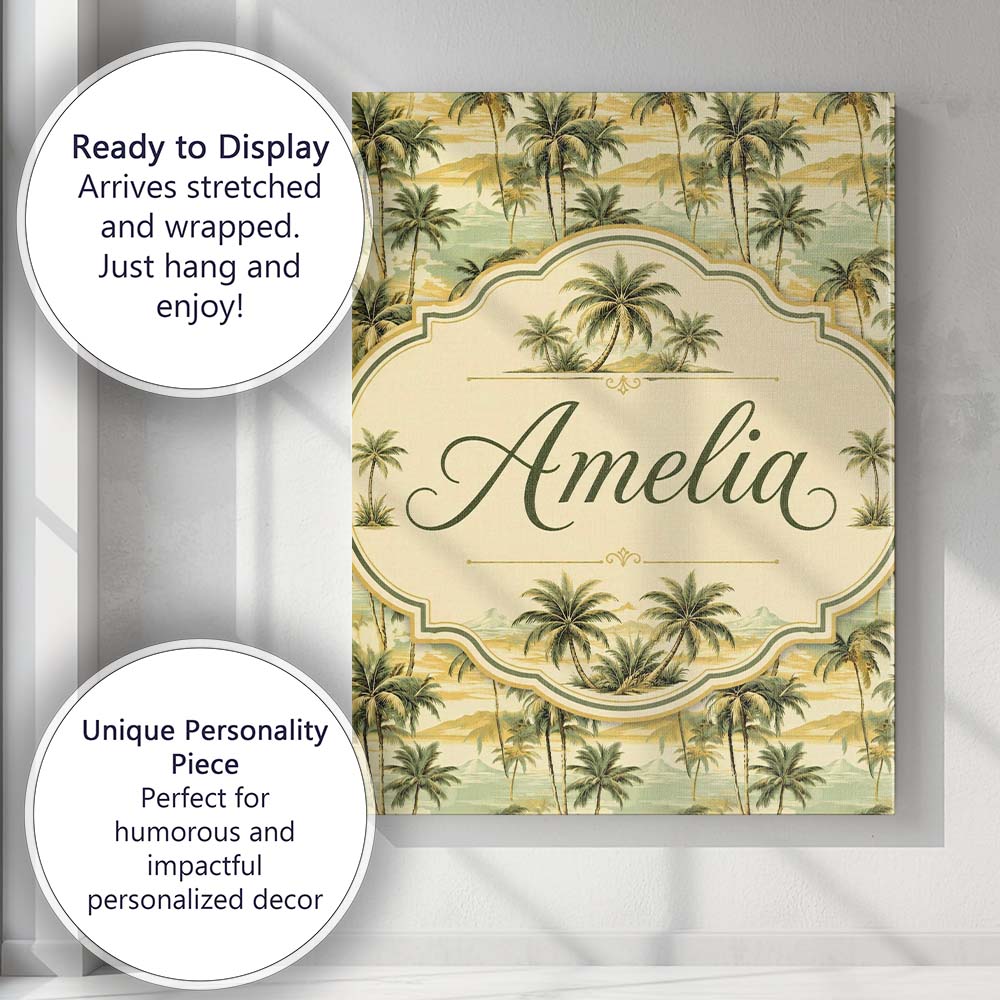 Personalised Name Tropical Island Palm Custom  Modern Room Accent Elegant Feature Canvas Wall Art Print Decor Picture Ready to Hang