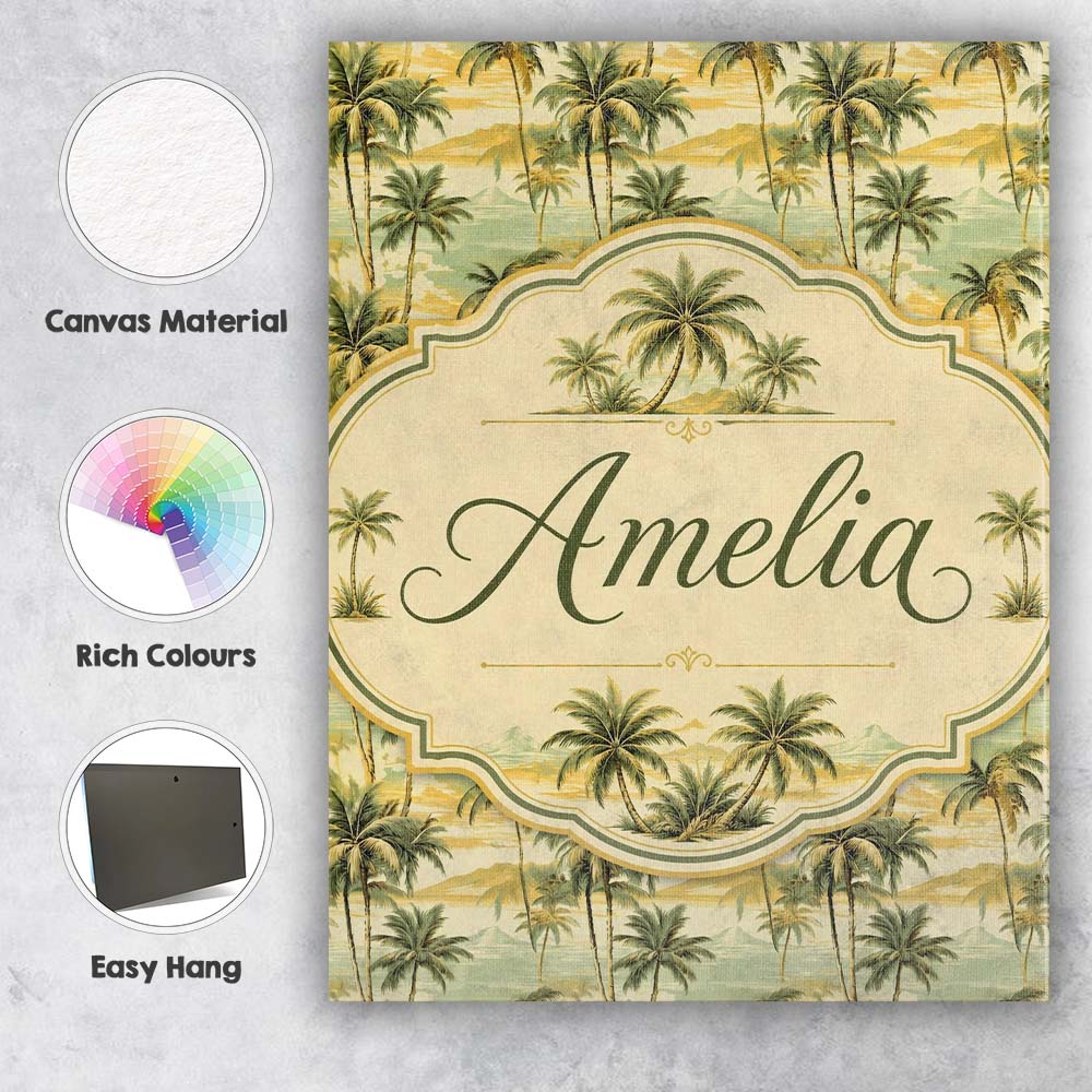 Personalised Name Tropical Island Palm Custom  Modern Room Accent Elegant Feature Canvas Wall Art Print Decor Picture Ready to Hang