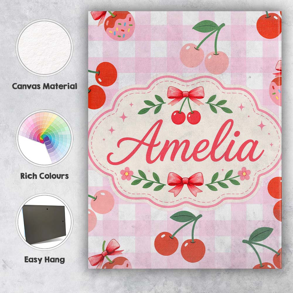 Personalised Name Cherry Fruit Yellow Gingham Picnic Check Seamless Custom Canvas Wall Art Print Decor Picture Ready to Hang
