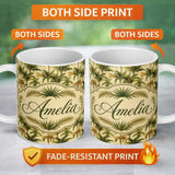 Personalized Custom Name Classic Palm Tree Botanical Vintage Seamless Pattern Name Cute 11oz Ceramic Coffee Tea Mug White Large Handle