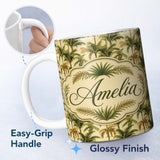 Personalized Custom Name Classic Palm Tree Botanical Vintage Seamless Pattern Name Cute 11oz Ceramic Coffee Tea Mug White Large Handle