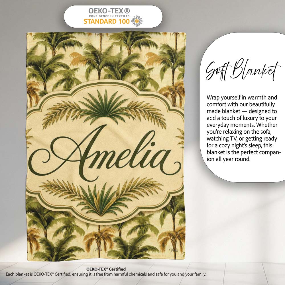 Classic Palm Tree Botanical Vintage Seamless Pattern Name Cute  Personalised Custom Name Super Soft Fleece Blanket Bed Sofa Throw