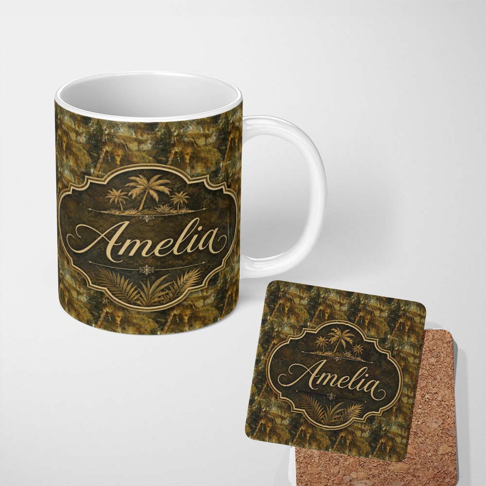 Personalized Custom Name Abstract Grunge Palm Tree Tropical Seamless Pattern Name Cute 11oz Ceramic Coffee Tea Mug White Large Handle